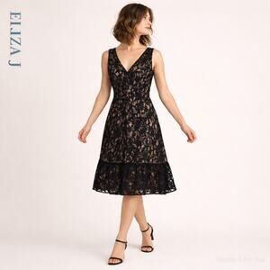 Eliza J Sleeveless Lace Fit And Flare Cocktail Event Dress Black Nude Lined 10